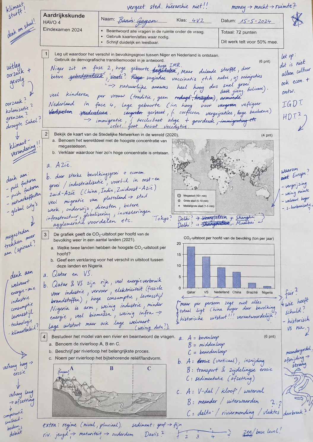 Aardrijkskundetoets met handschrift, kaart, grafiek en correctienotities